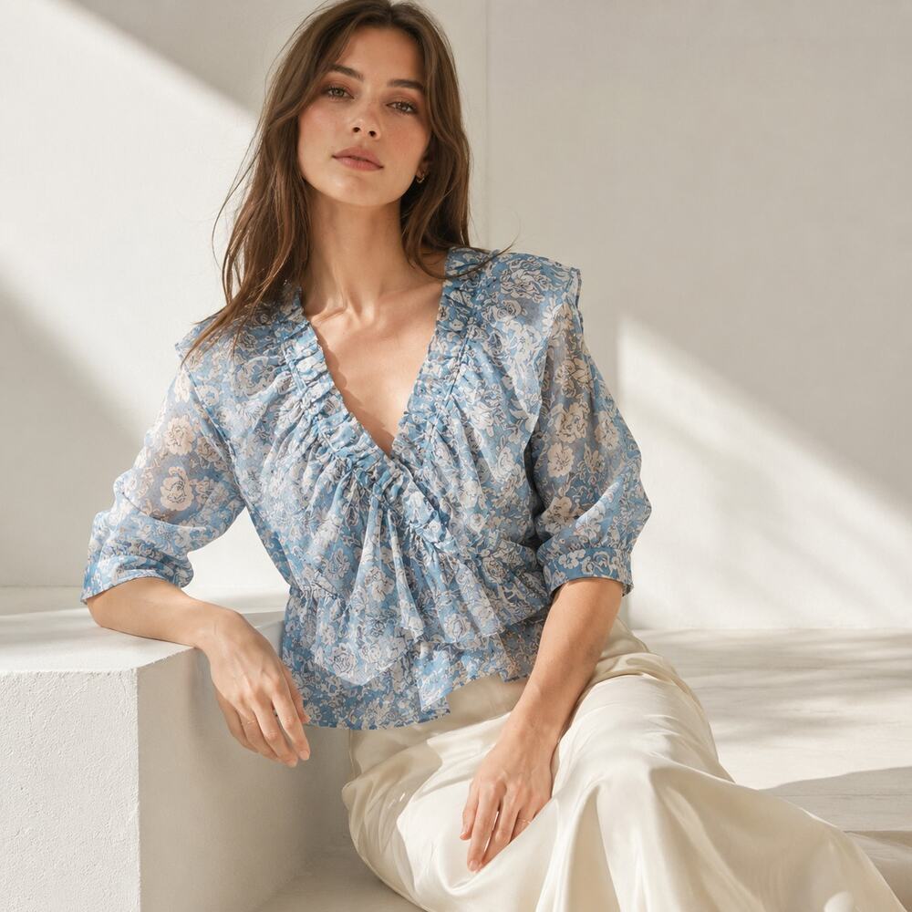 Mille Top Womens 2XS Blue Floral Cotton V-neck Ruffle Long Sleeve Faux Crossover